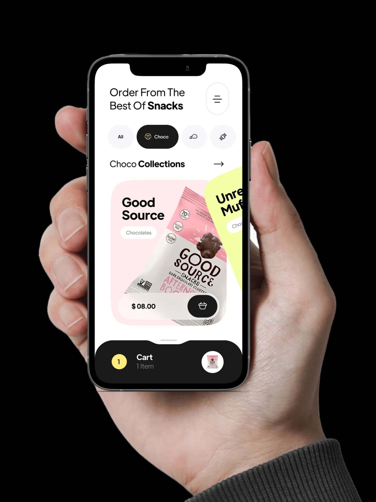 Hand holding a phone displaying a snack shopping app